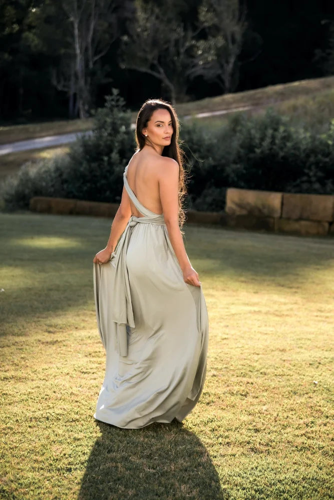 Eucalyptus Infinity Gown: Green convertible bridesmaid dress, backless floor-length dress