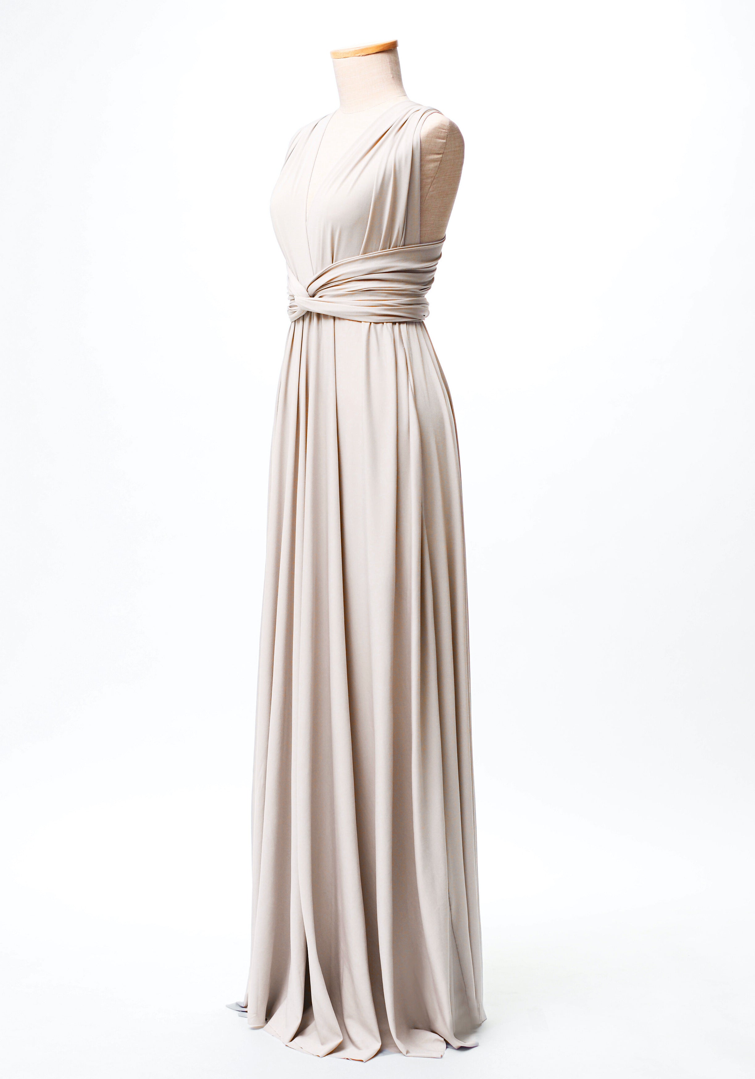 Champagne Infinity Gown convertible dress Australia, long beige maxi with knotted waist
