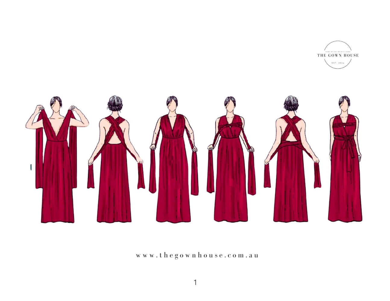 Illustrated guide showing six styles of red convertible dress from 99 Ways To Style The Infinity Gown ebook