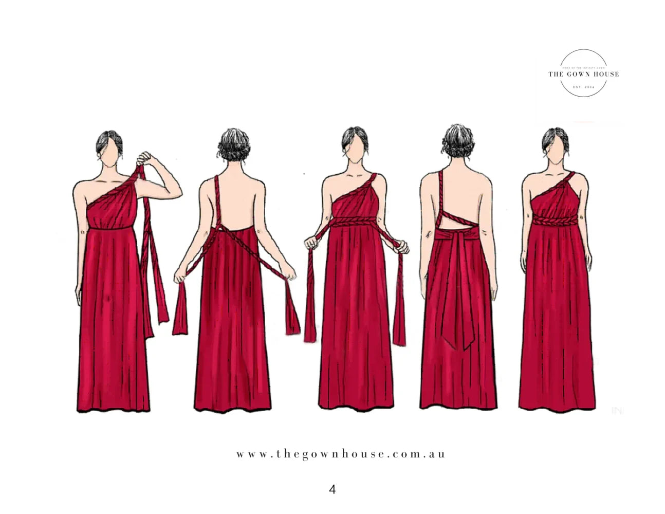 Diagram showing how to style a red convertible dress as a multiway bridesmaid dress or infinity dress