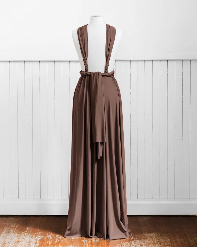 Brown convertible maxi dress on mannequin in Chocolate Infinity Gown NEW, perfect for multiway bridesmaid looks