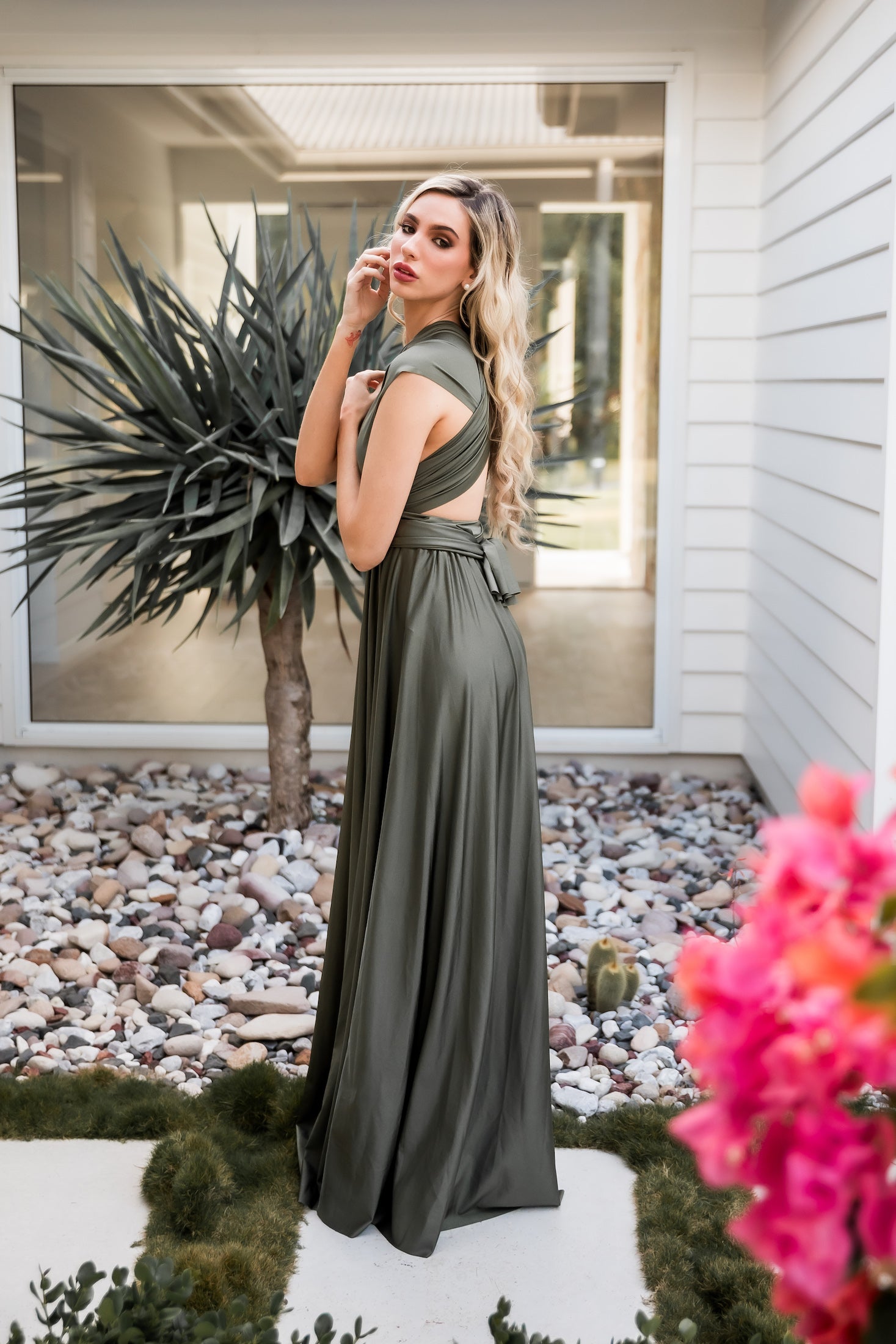 Luxe Satin Olive Infinity Gown - The Gown House