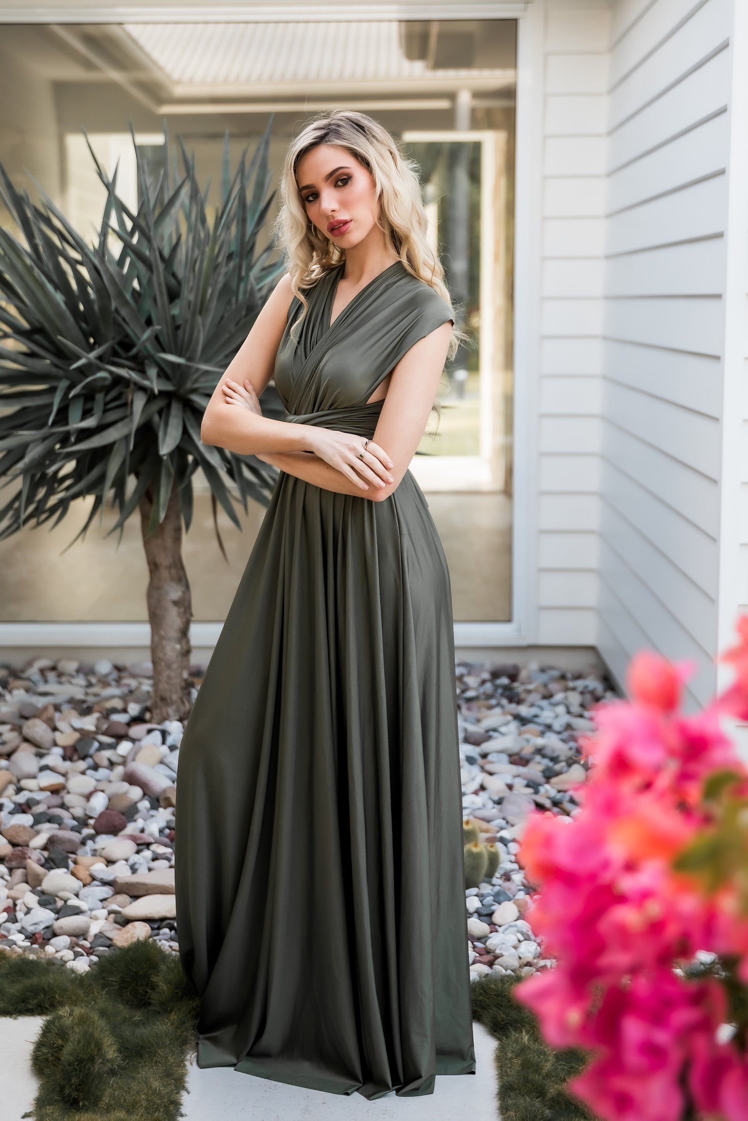 Luxe Satin Olive Infinity Gown - The Gown House