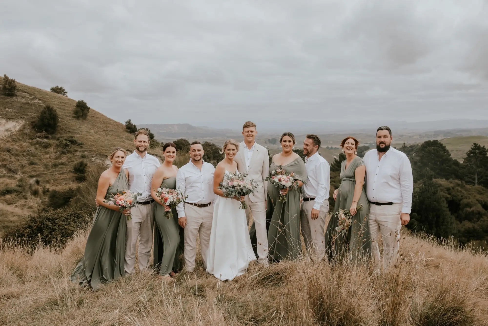Wedding party in formal attire with infinity dress Australia at the Classic Sage event