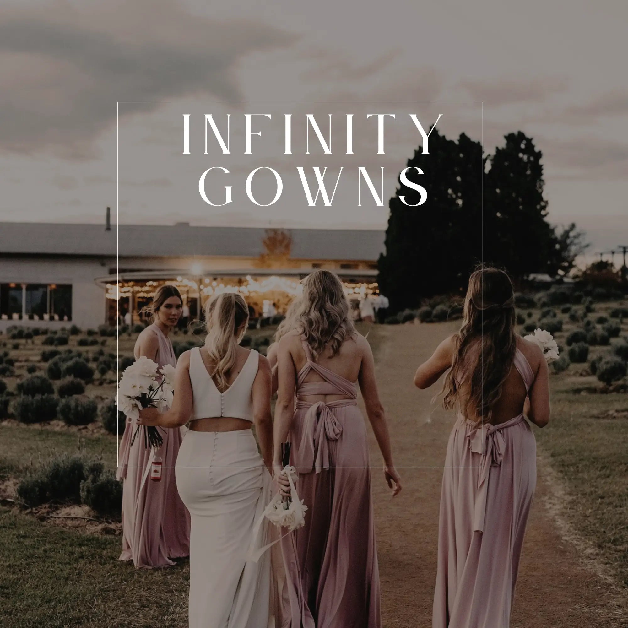 Bridesmaids in flowing infinity gowns with gold buckle details from Signature Infinity Gowns collection